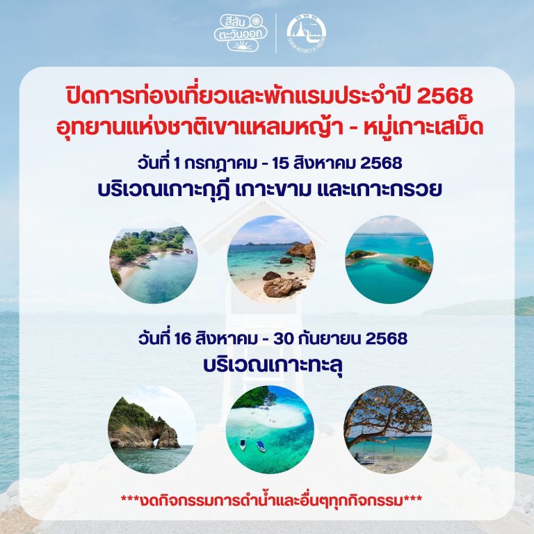 ประกาศปิดการท่องเที่ยว ในอช.เขาแหลมหญ้า-หมู่เกาะเสม็ด ประจำปี 2568